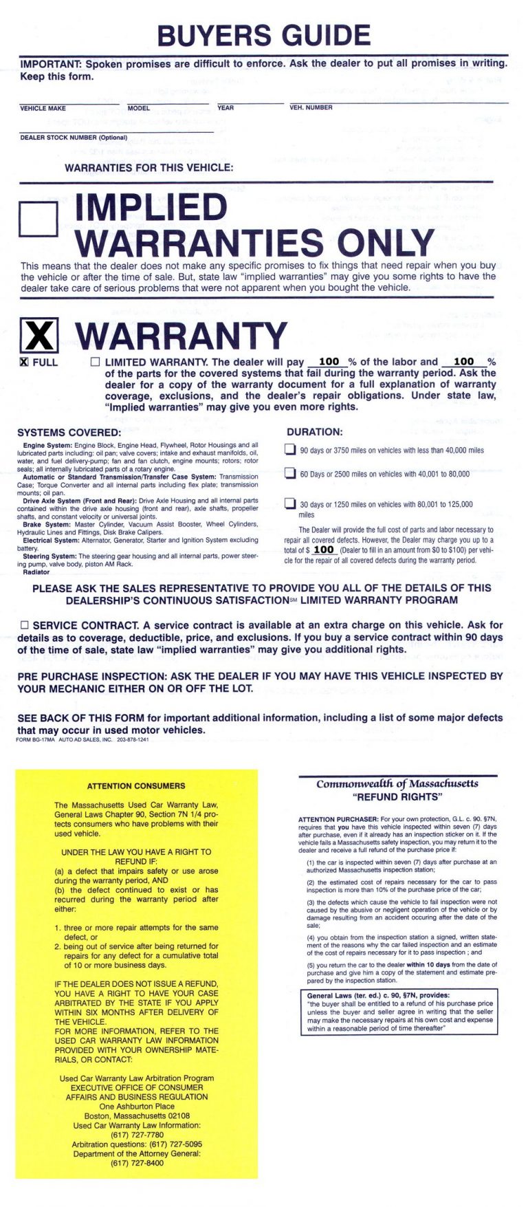 Warranty D.A. Dempsey Auto Sales Great Barrington, MA, Used Car Dealers